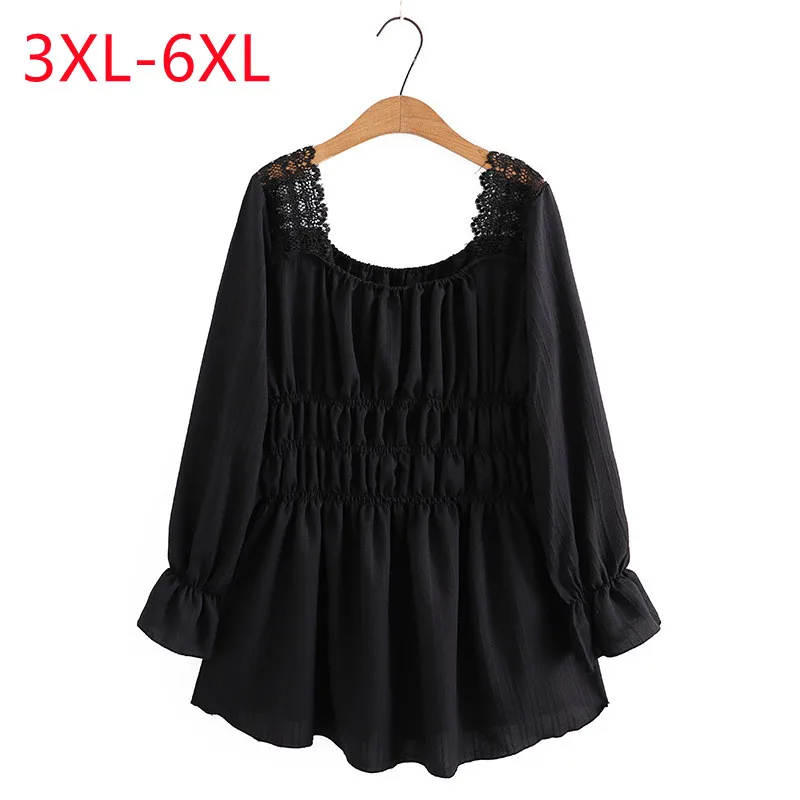 New 2023 Ladies Spring Autumn Plus Size Tops For Women Large Size Blouse Long Sleeve O-neck Chiffon Black Shirt 3XL 4XL 5XL 6XL