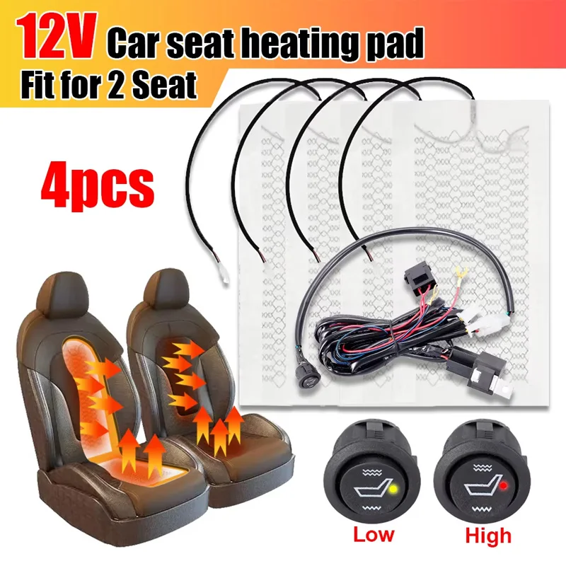 

12V Car Seat Heater Kit 2 Seats Fit Carbon Fiber Heating Pads Safe Fast Heating High Low Temp Round Control Switch Winter