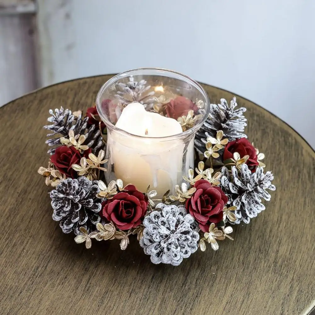 Maple Leaf Candle Garland Handmade Christmas Candle Ring Wreath with Artificial Pine Cone Roses for Wedding Party for Front