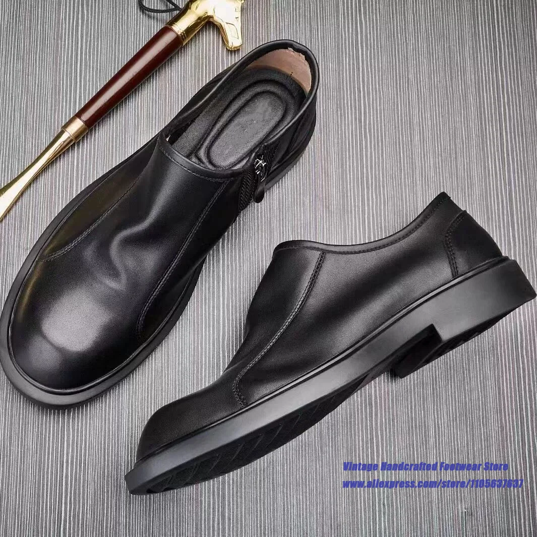 Black Leather Side Zipper Men's Shoes Thick-Soled Height Increasing Business Dress Shoes ﻿Vintage Handcrafted Men's Shoes