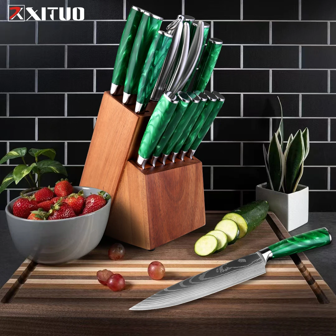 Kitchen Knife Set,15-Piece Knife Set With Block Wooden,High Carbon Japan Steel Laser Damascus Pattern Knife with Steak Knives