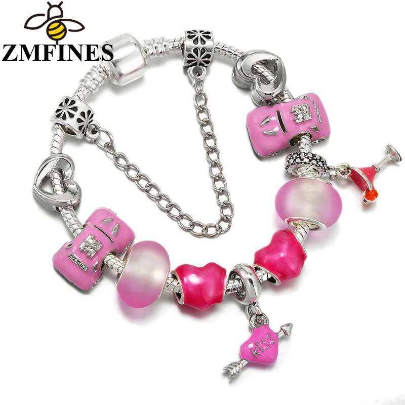 Romantic Charm Bracelet For Women Lover DIY Pink Heart Charms Beads Pendants High-Quality Jewelry Accessories Wholesale