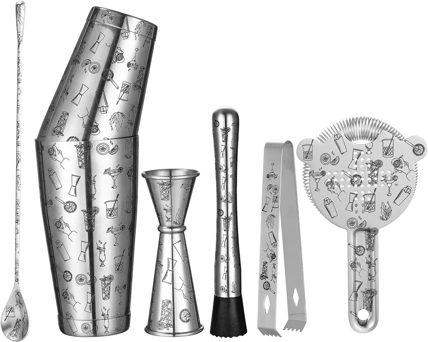 Cocktail/Hawaiian Tattoo Stainless Steel 7 Piece Cocktail Set Tin-on-Tin Shaker, Jigger, Spoon and Strainer