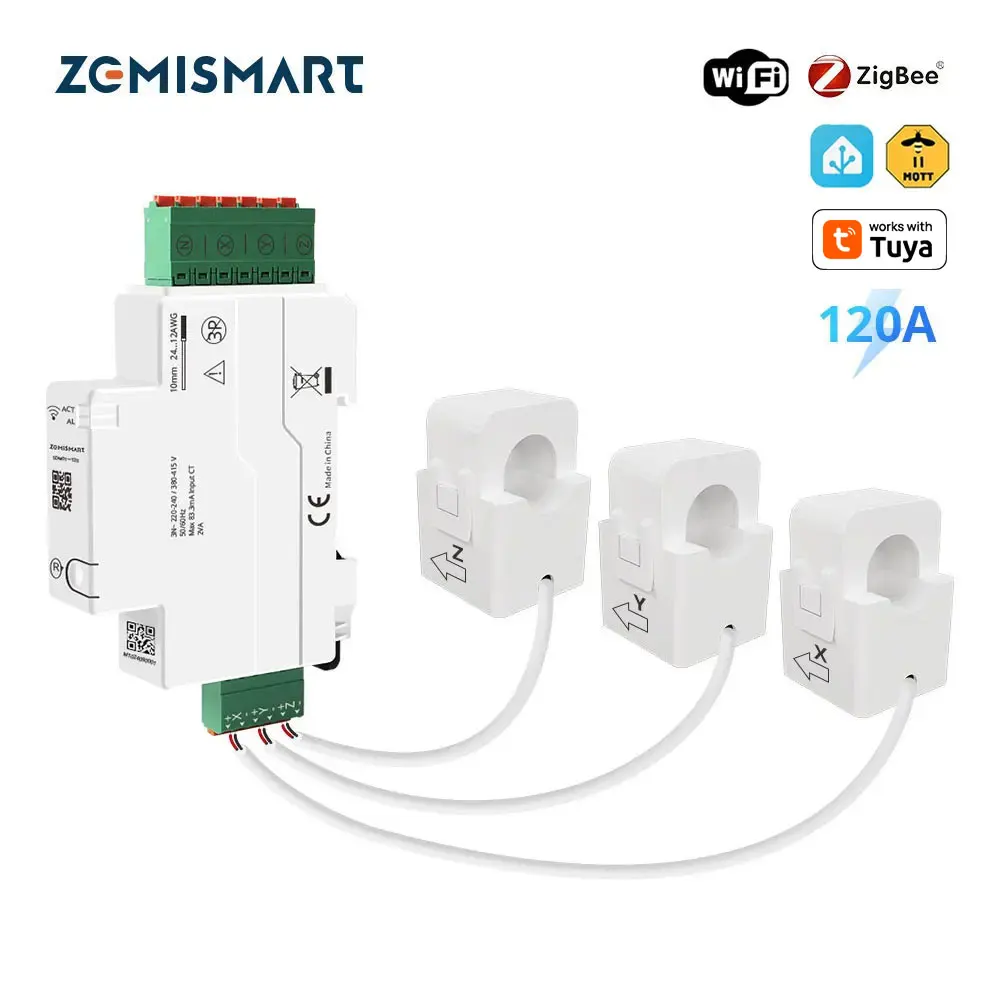 Zemismart 120A Zigbee WiFi Din-rail Energy Meter 3 Phase Power Monitor Work with Tuya Withdrawable Split-core CTs 220V 240V