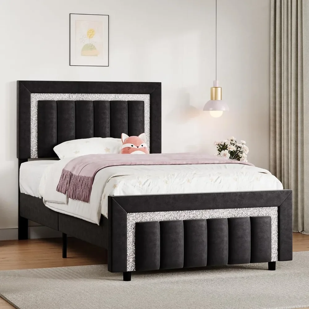 Twin Bed Frame,Upholstered Bed Frame with Diamond Headboard and Footboard for Girls, Velvet Vertical Channel Tufted Headboard