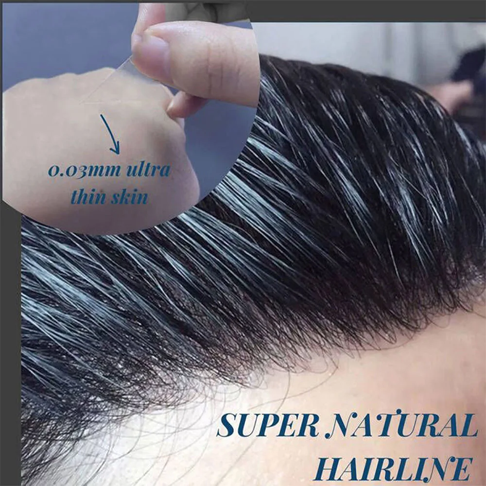 Mens Frontal Toupee V Loop 100% Human Hair Forehead Hairline Patch 0.06mm Thin Skin PU Hairline Men\'s Capillary Prosthesis