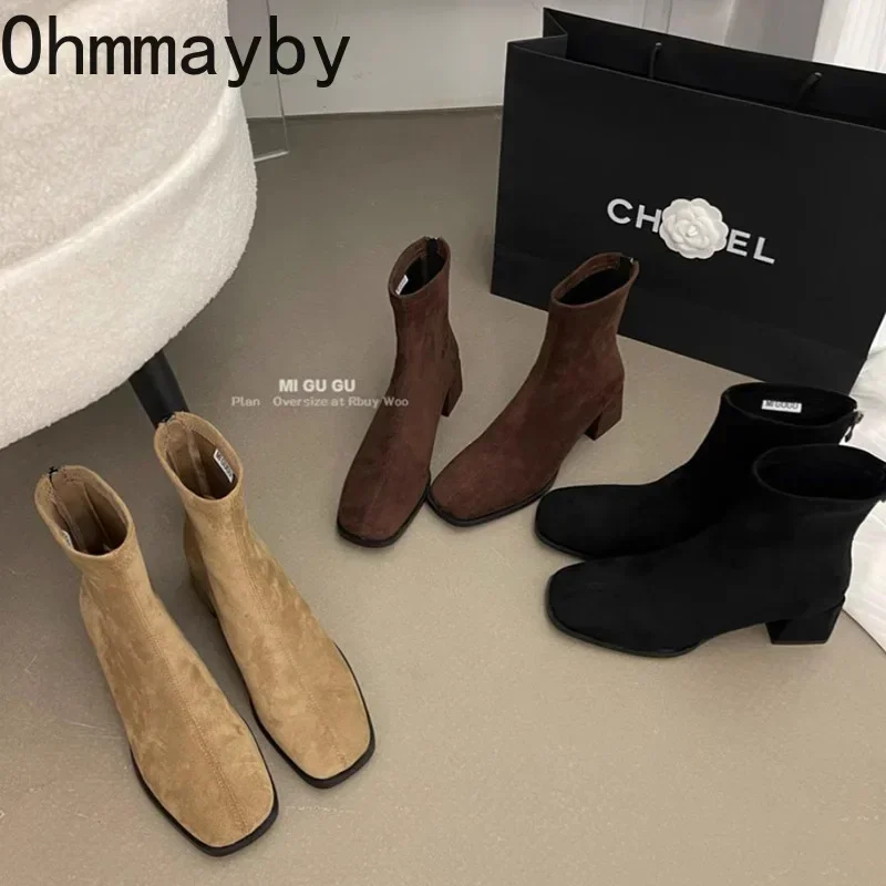 Autumn Winter Fleeces Women Sock Ankle Boots Fashion Square Heel Ladies Elegant Keep Warm Short Booties Women's Footwear