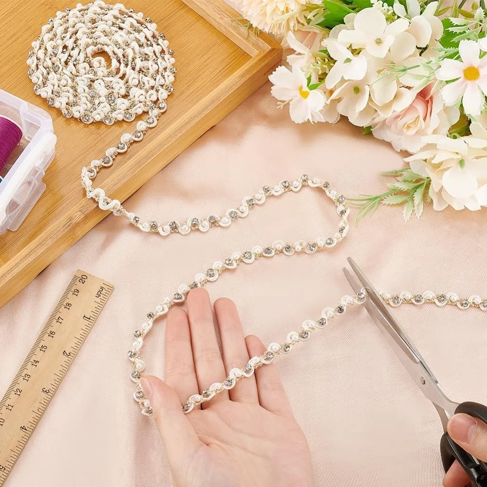 4 ياردة اللؤلؤ شريطة من الدانتيل 3/8 بوصة الأبيض متموج شريطة من الدانتيل اللؤلؤ هامش زين حجر الراين الدانتيل تقليم النسيج الأعرج جديلة الشريط