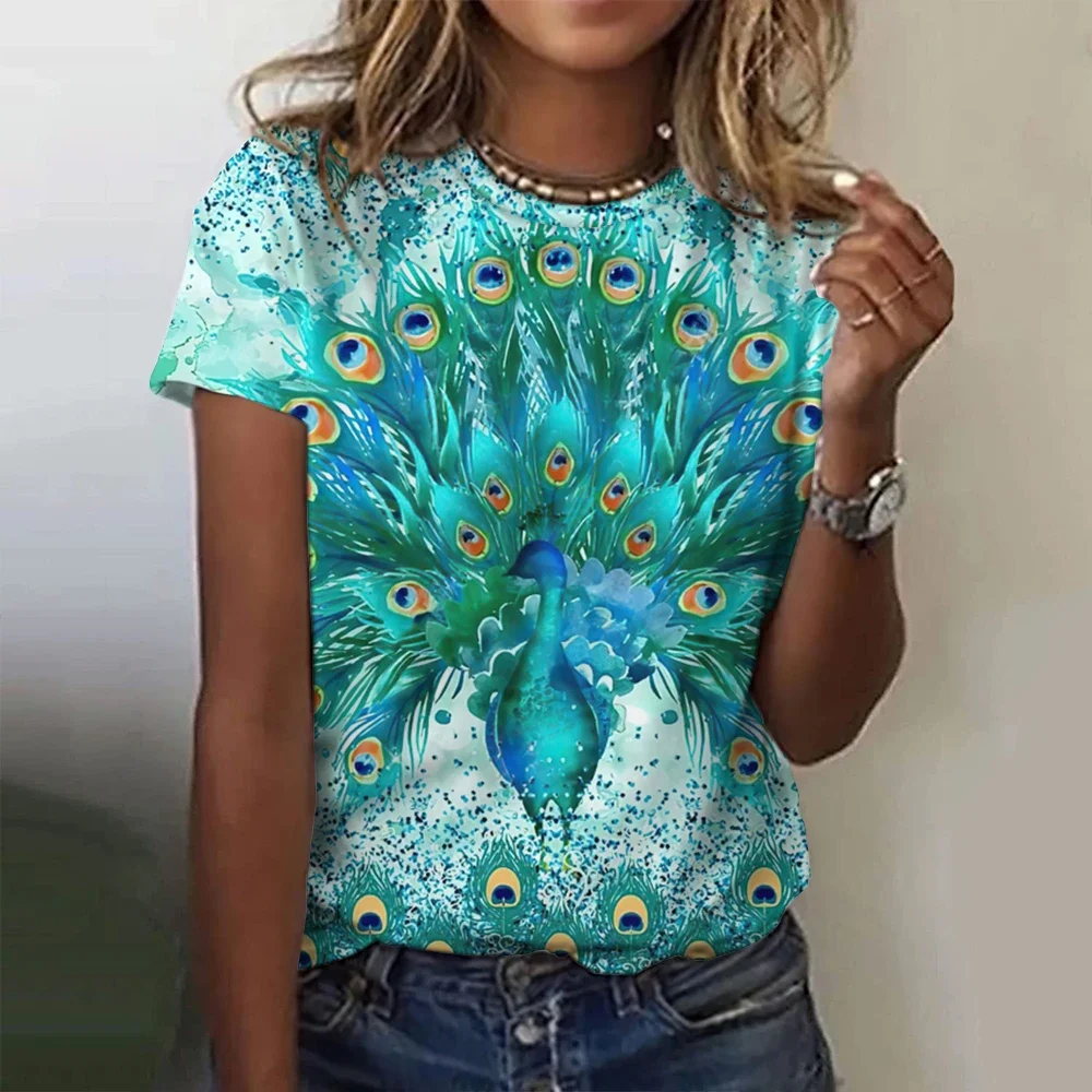 Summer Fashion Women T-Shirt Peacock Feather 3D Print Top Harajuku Colorful Personality Short Sleeve T shirts Oversized Clothing