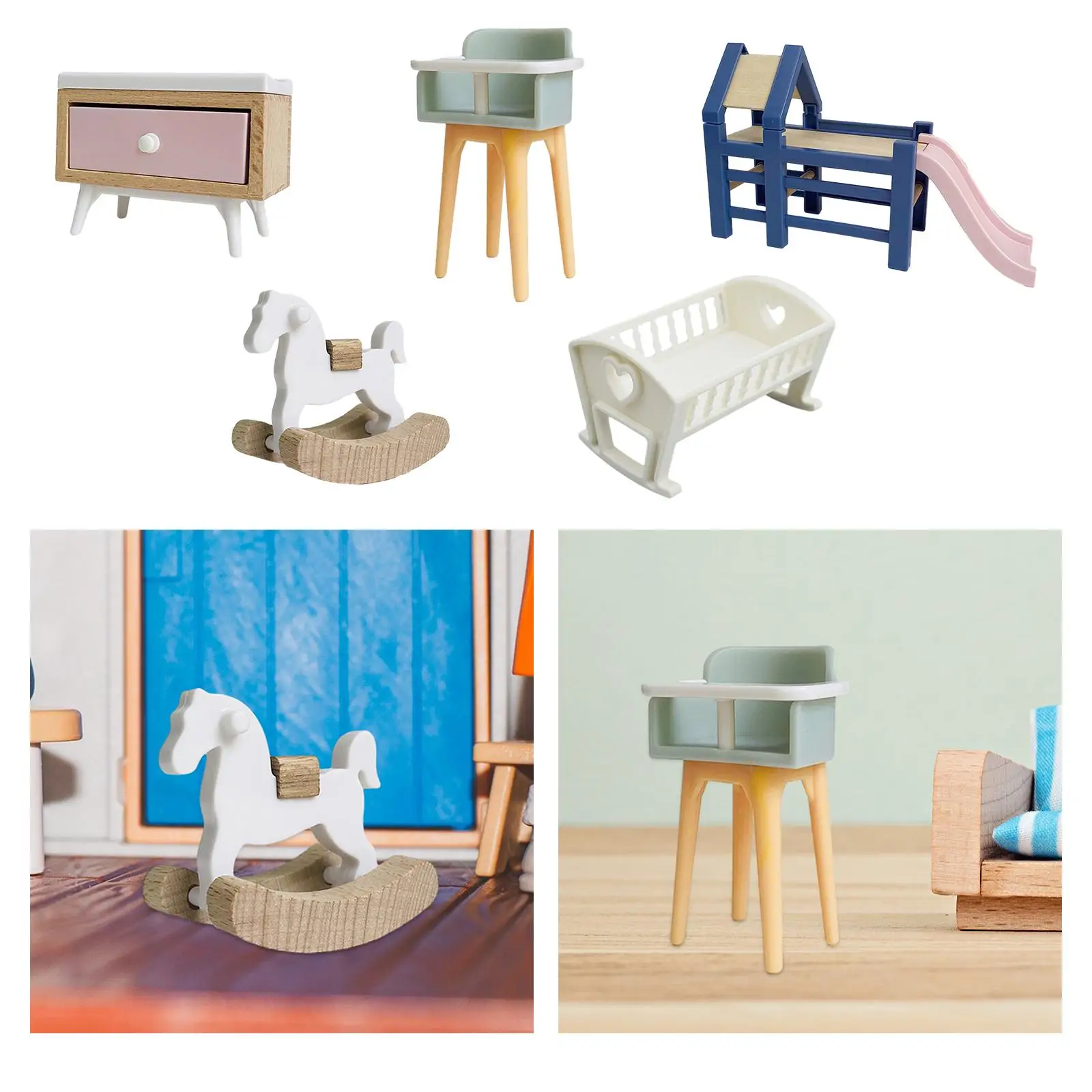 Wooden 1 12 Scale Dollhouse Furniture Cradle Bed Chair Table Slide Horse Decor Miniature Accessories for Doll House Play