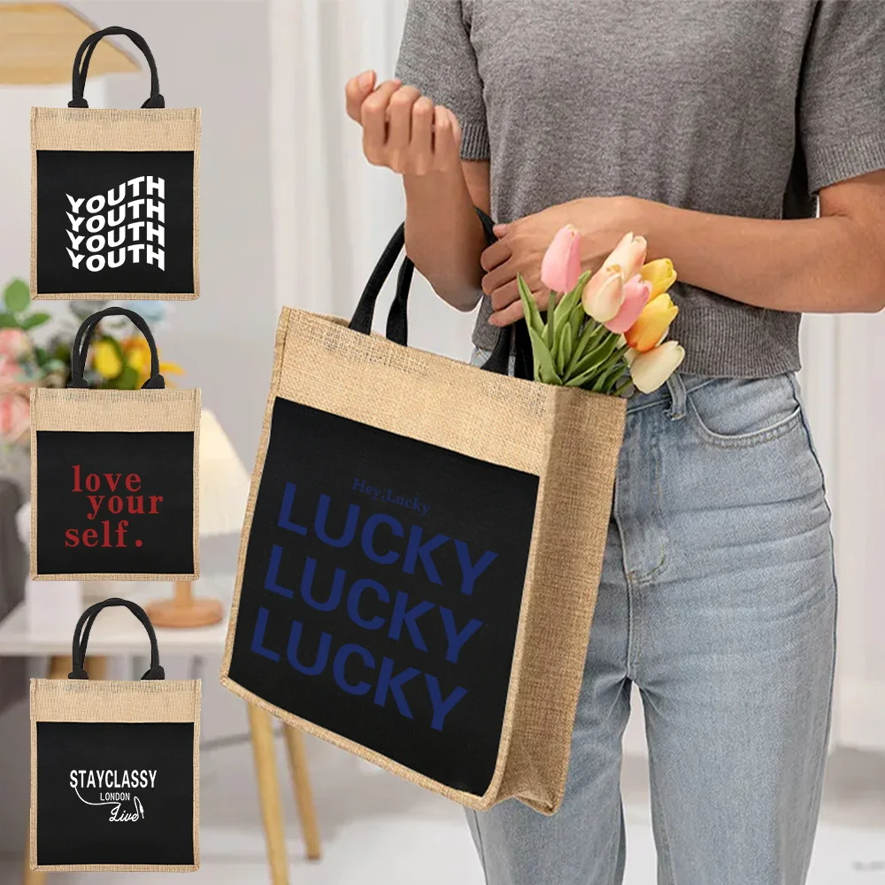 

Linen Shopping Bag Reusable Women's Tote Grocery Shopping Bag Walls2 Pattern Print Convenient Picnic Bag Supermarket