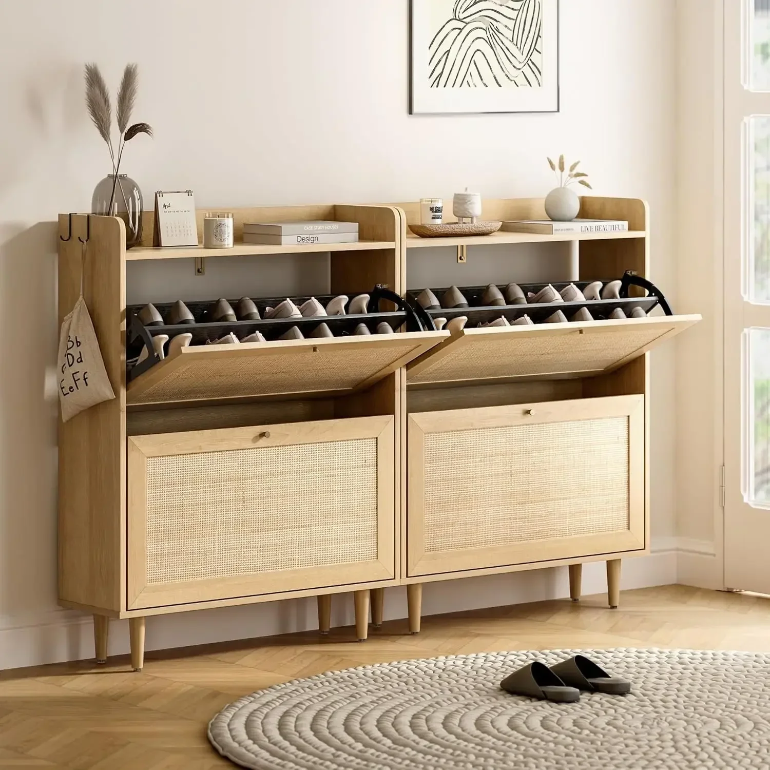 

Rattan Shoe Cabinet Set of 2, Farmhouse Shoe Organizer with 2 Flip Drawers, Boho Wooden Hidden Slim Narrow Shoe Rack Cabinet