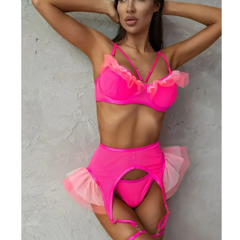 

International station hot products European and American cross-border new splicing lotus leaf lace with steel ring bra sexy ling