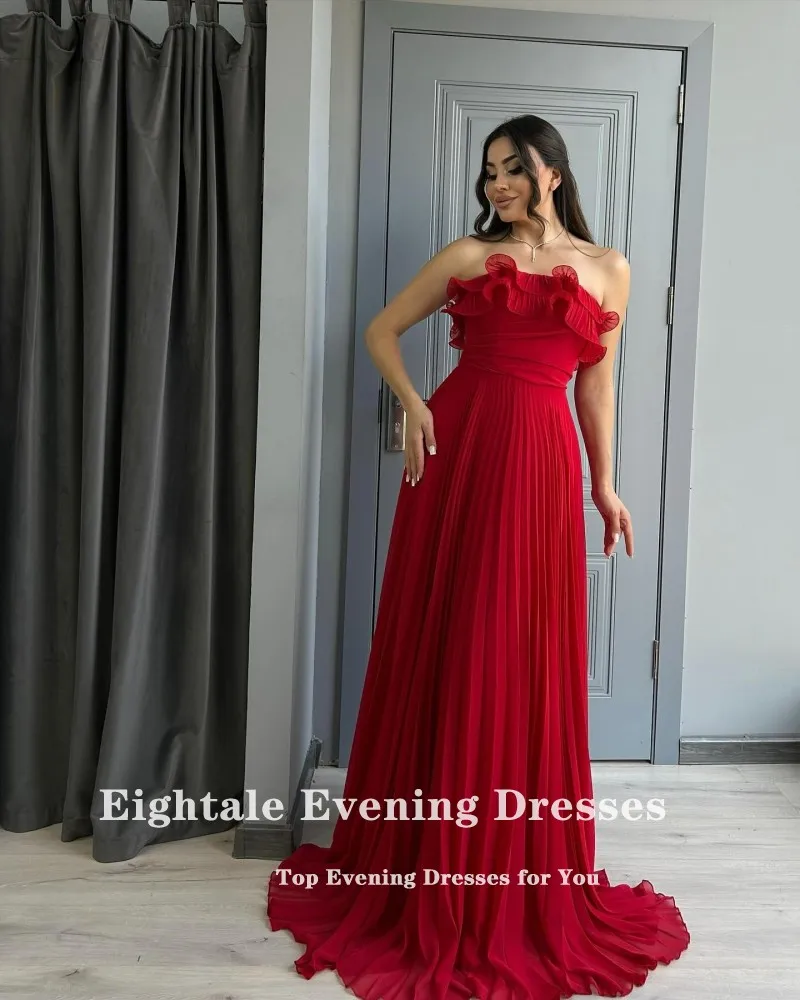Eightale アラビア語イブニングドレス ストラップレス カスタマイズプリーツ Aライン レッドシフォン セレブリティ プロム ウェディングパーティードレス