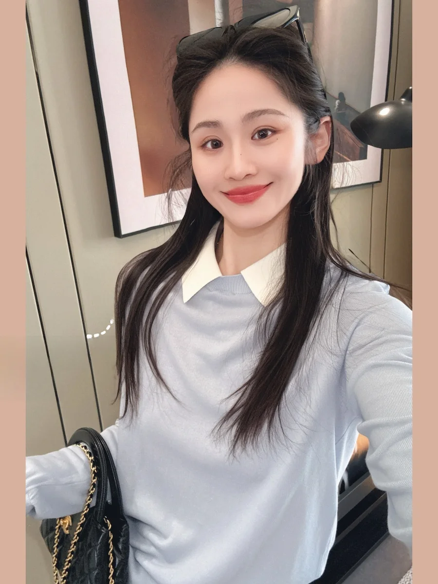 

Loose Women's Knitted Sweater Wool Silk Collar Fake Two-Piece Overhead Korean Sle Spring Faion Casual Top