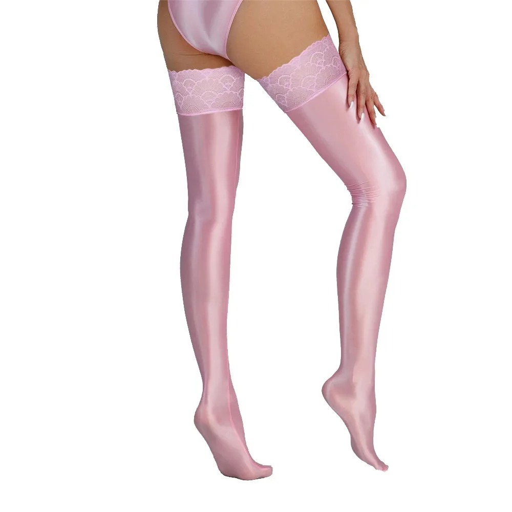 Solid Color Women's Oil Shiny Glossy Stockings with Lace Trim Stretchy Smooth Ladies Over Knee Long Socks Sexy Lingerie