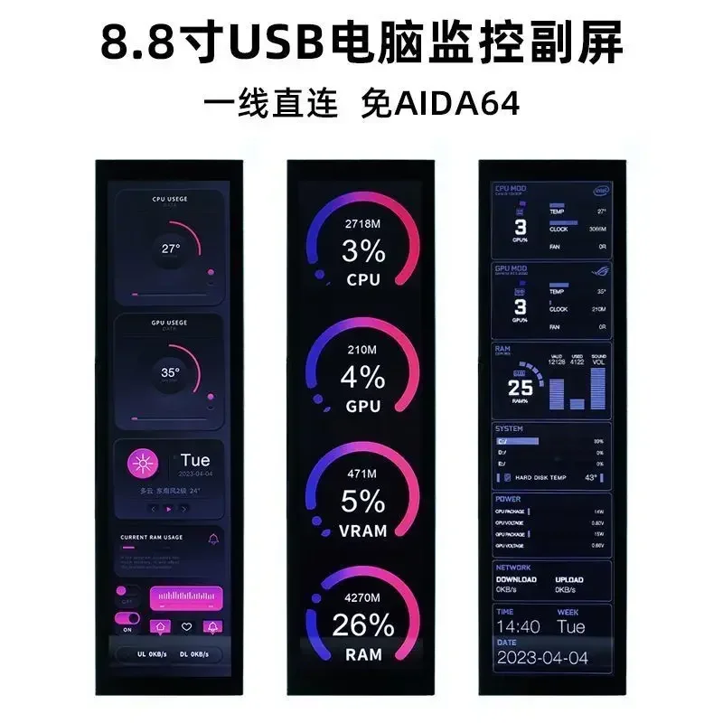 1920 * 480 Long Chassis Secondary Screen Computer Monitor TypeC USB Free AIDA64