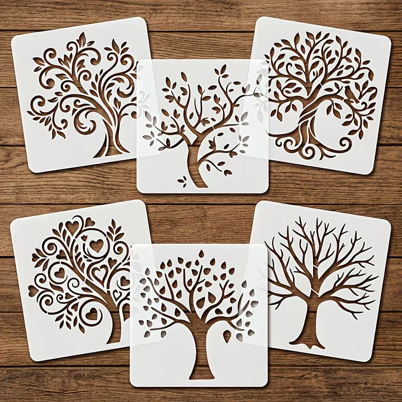 6 plantillas de árbol de la vida para pintar, plantilla reutilizable de árbol para manualidades, lienzo, arte de pared, suelo, tela, suministros de manualidades