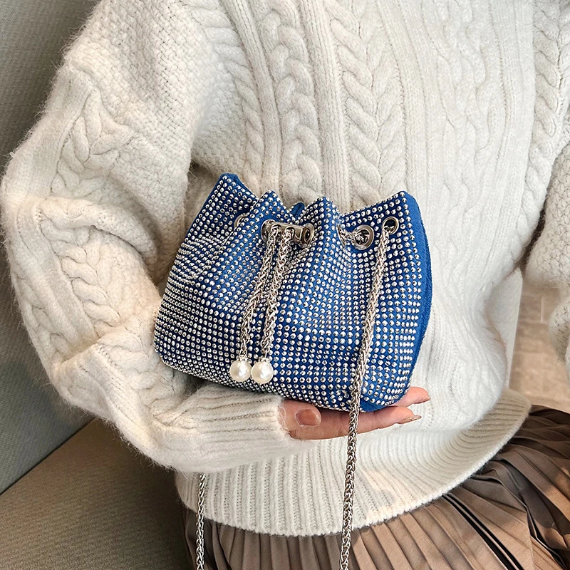 Fashion Drawstring Pearl Chain Bucket Bags for Women Exquisite Evening Clutch Girl Canvas Crossbody Shoulder Bag Female Handbags