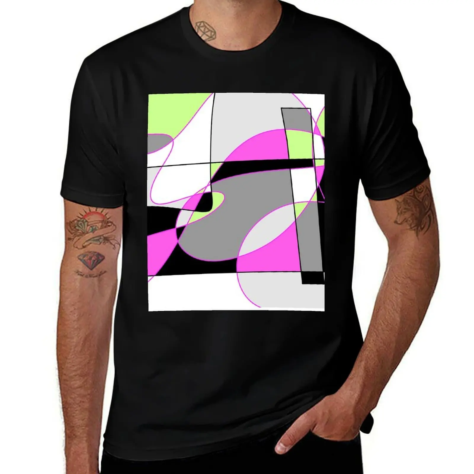 

Modern Geometric Abstract in Pink Lime Green Gray White Black T-Shirt man t shirt cotton high quality t shirt man luxury T-Shirt