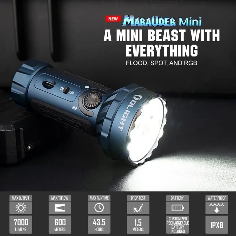 OLIGHT Marauder Mini 7,000 Lumens Bright Flashlight,600 Meters Beam Distance,Powerful RGB Flashights,Magnetic Rechargeable Light