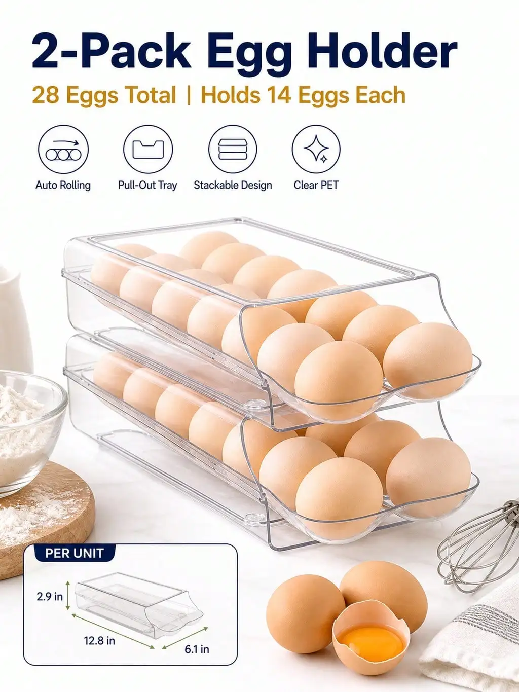 2-Pack Clear Automatic Rolling Egg Holder, Stackable Fridge Drawer Organizer, 28 Eggs Total, Family Kitchen Breakfast Prep