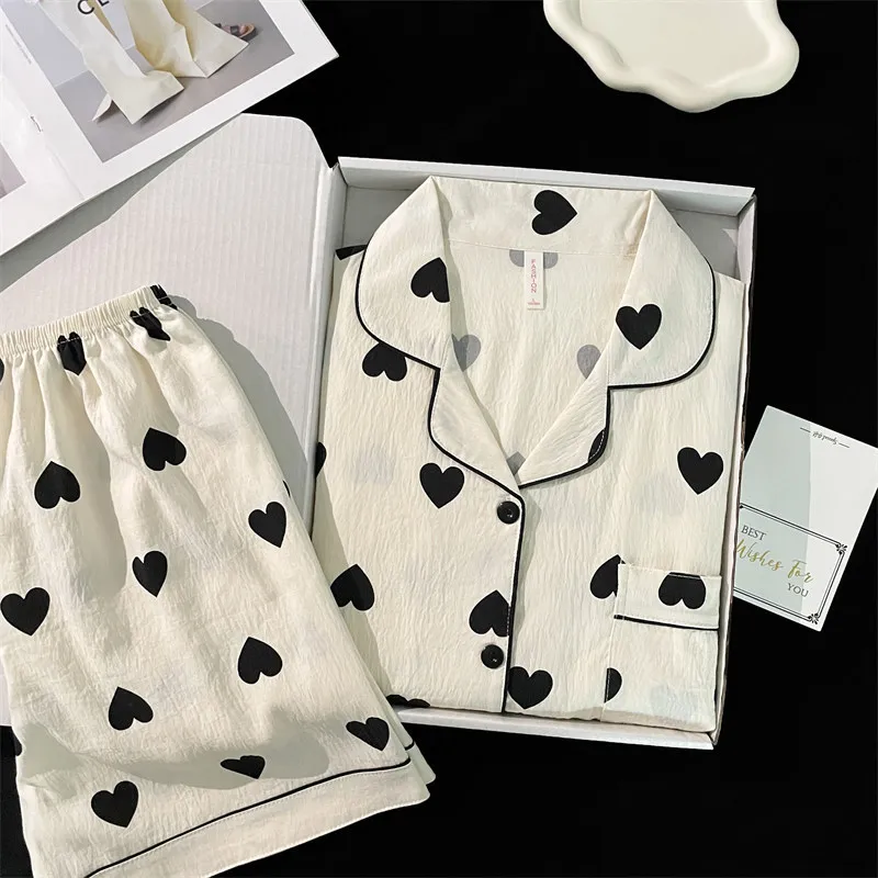 Love Printing Women\'s Pajamas Set Korean Fashion Sleepwear 2 PCS Top and Shorts M-2XL Soft Cotton Casual 2 Pieces Pajama Set