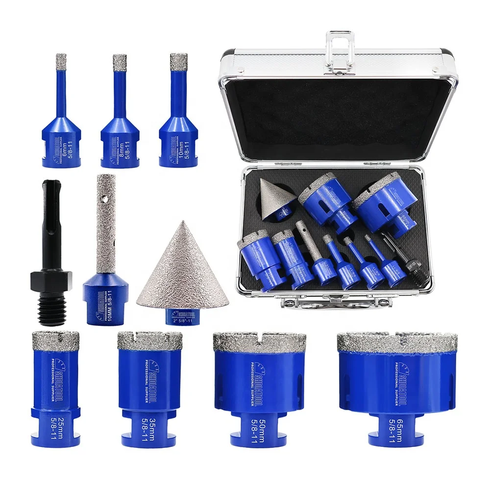 1set/10 Holes 5/8''-11 Diamond Drill Core Bits Set 6/8/10/25/35/50/65mm & 10mm Finger Milling Bit & 2'' Beveling Chamfer Bit