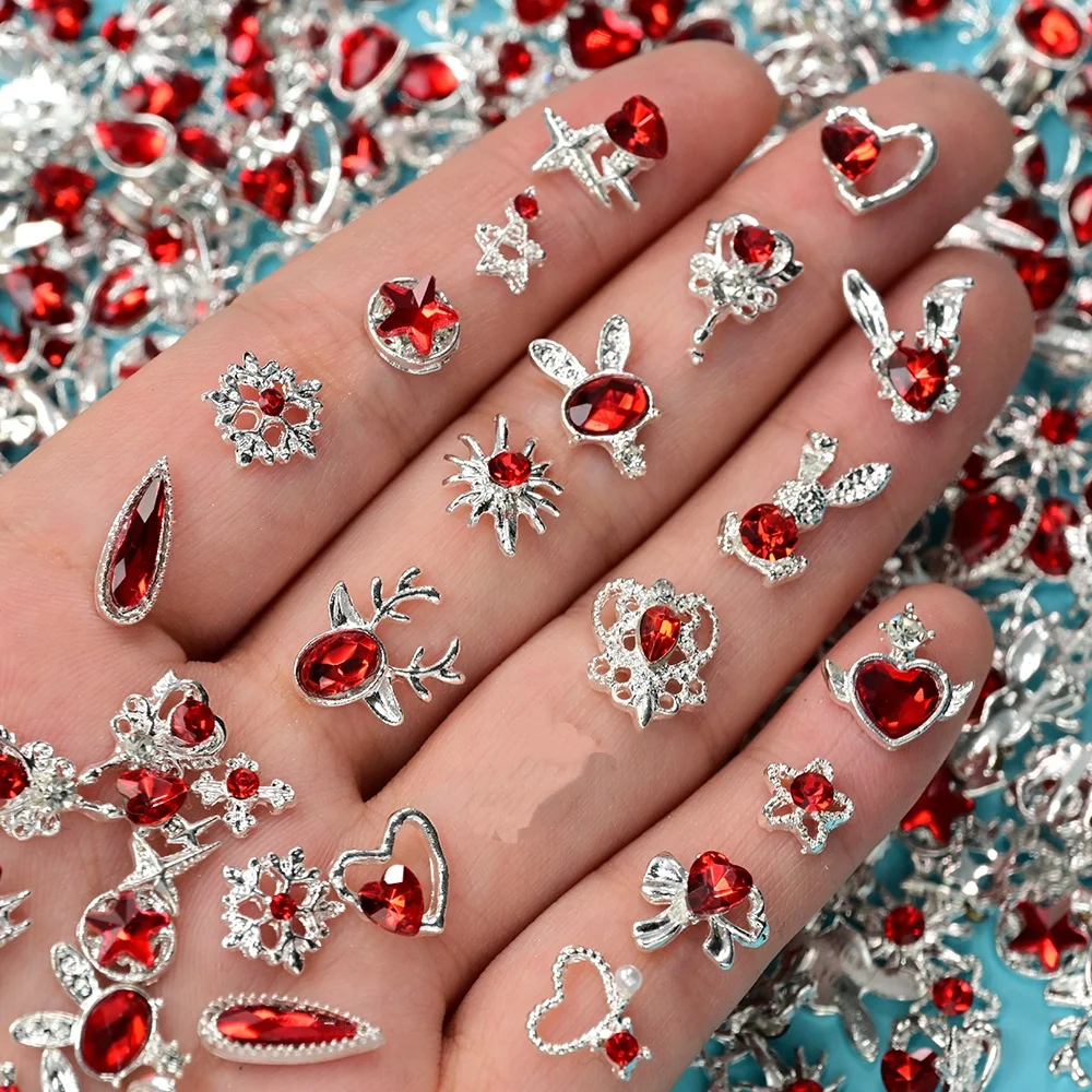 30 peças de Charms de Unhas de Luxo 3D com Strass Vermelho em Formato de Coração/Cervo/Coelho/Bastão, Design de Diamante em Liga para Decoração de Manicure DIY