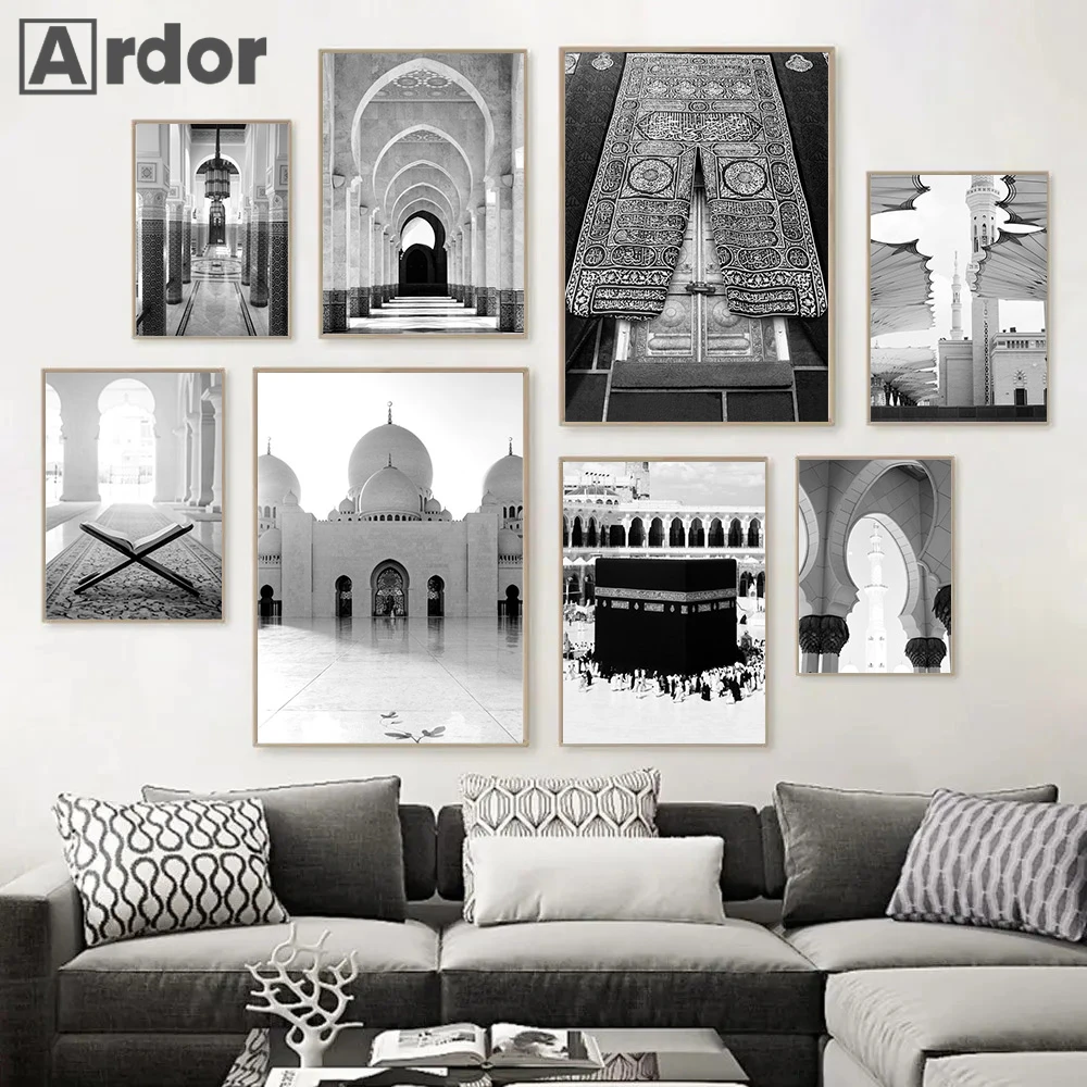 Mecca Kaaba Scripture Islamic Wall Poster Black And White Mosque Canvas Painting Morocco Door Wall Art Print Pictures Home Decor