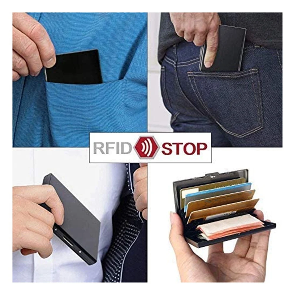 محفظة حامل بطاقات معدنية من ABQR، محافظ معدنية رفيعة للغاية من الفولاذ المقاوم للصدأ تحجب RFID، حامل محفظة لبطاقات الائتمان، أسود