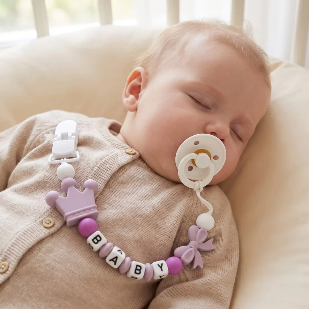 Personalized Pacifier Clip Custom Name Silicone Teether Dummy Chain Purple Crown Bow BPA Free Baby Soother Leash Shower Gift