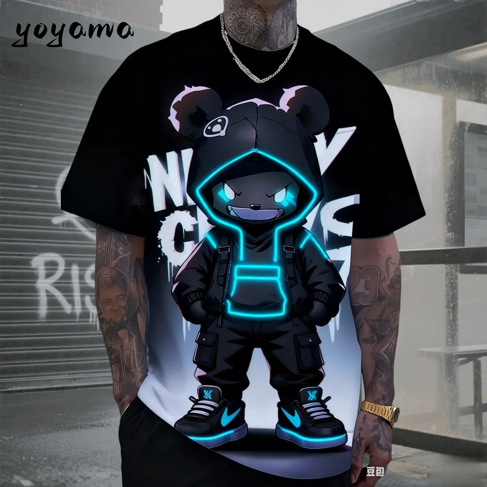 Summer Fun Retro Bear 3D Printings Men's T-Shirt for Street Casual Wear, Quick-Drying and Breathable Sports Short-Sleeved Shirt