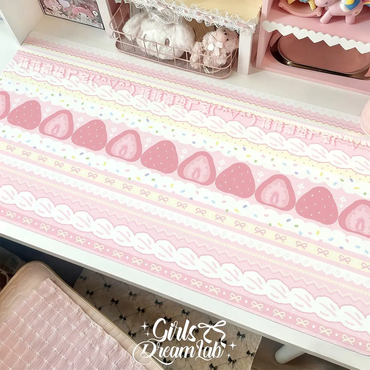 Tapete de Mesa de Couro Keluli Rosa Fofo com Estampa de Morango, Impermeável, Novo Tapete de Couro para Teclado Gamer para Meninas, Tapete de Escritório com Corações