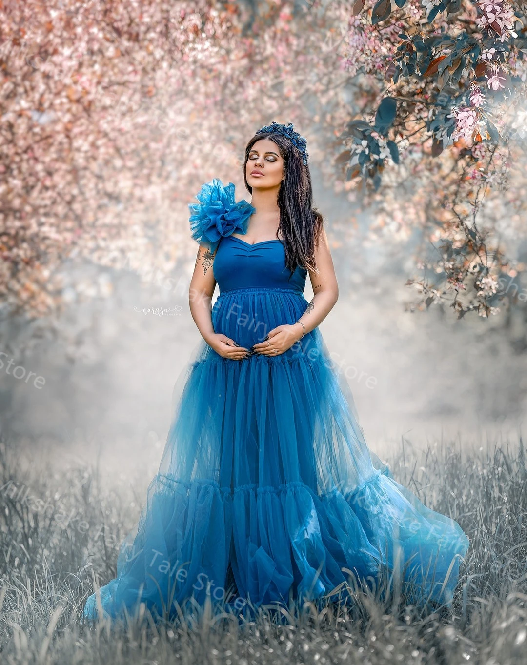 Fluffy Blue A Line Maternity Robes for Photo Shoot Tulle Sleeveless Pregnant Women Dresses Sexy Floor Length Baby Shower Gowns