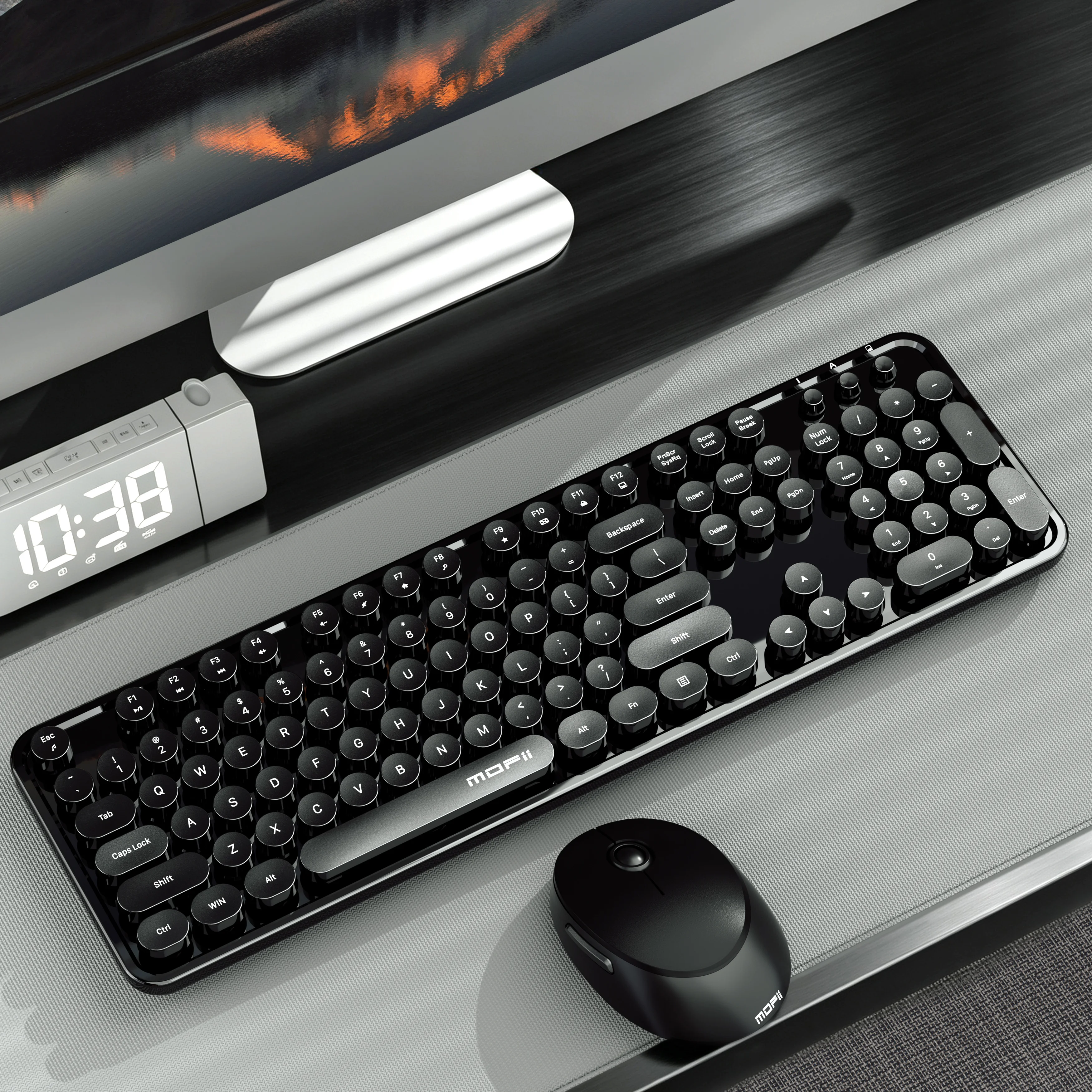 MOFii Sweet Classic Black Punk Round Key Wireless Keyboard Mouse Combo, Ergonomic Office Set for Laptop Desktop