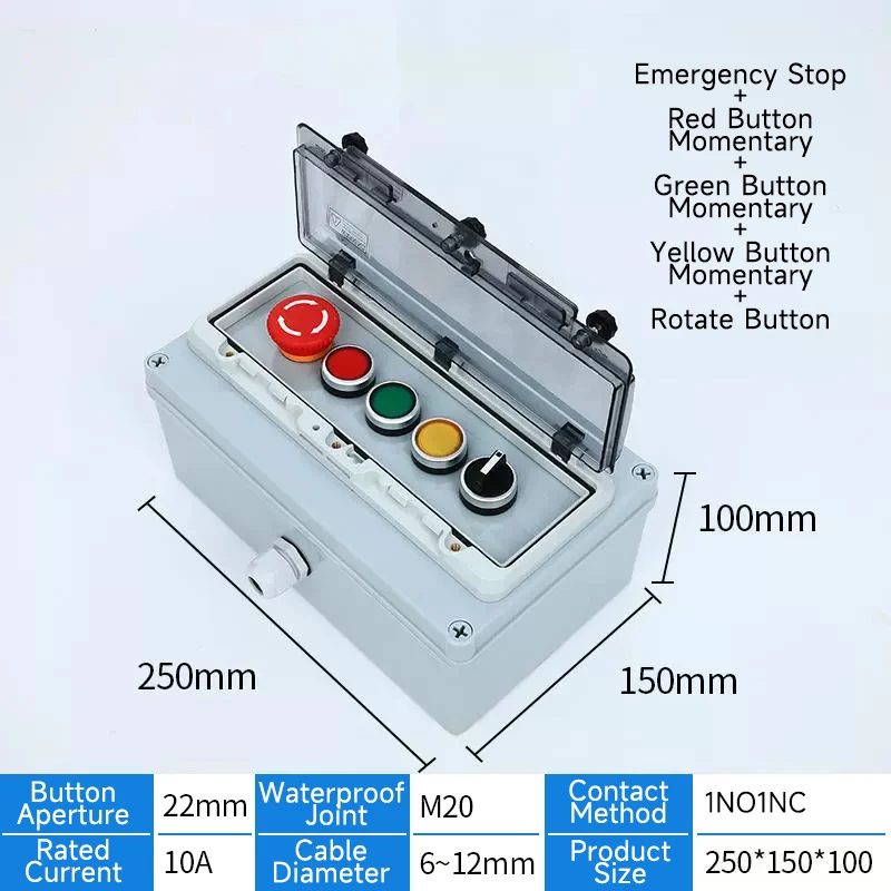 5 holes Outdoor waterproof button control box emergency stop start stop box with protective cover outdoor rainproof power switch