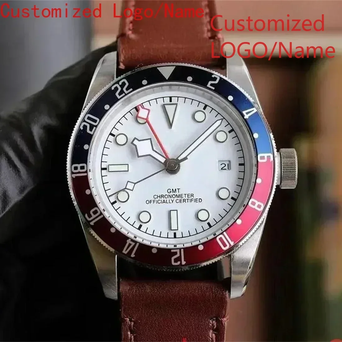 Automatic Mechanical Watch Men GMT Luminous Stainless Steel Black White dial Leather Ceramic Sapphire Watches Customized
