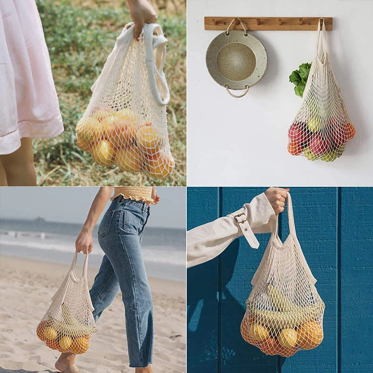 Portable Reusable Grocery Bags Fruit Vegetable Bag Washable Cotton Mesh String Organic Organizer Handbag Short Handle Net Tote