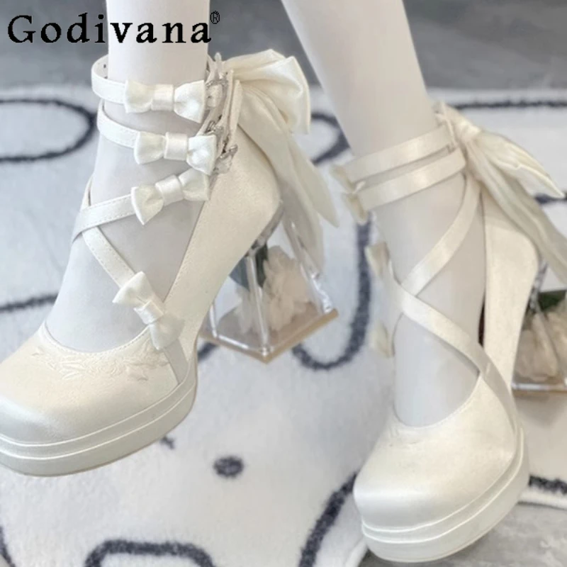 حذاء نسائي حلو بكعب عالٍ حذاء لوليتا أصلي بكعب عالٍ حذاء أنيق للسيدات للربيع والصيف بتصميم فيونكة حذاء ماري جين كوس