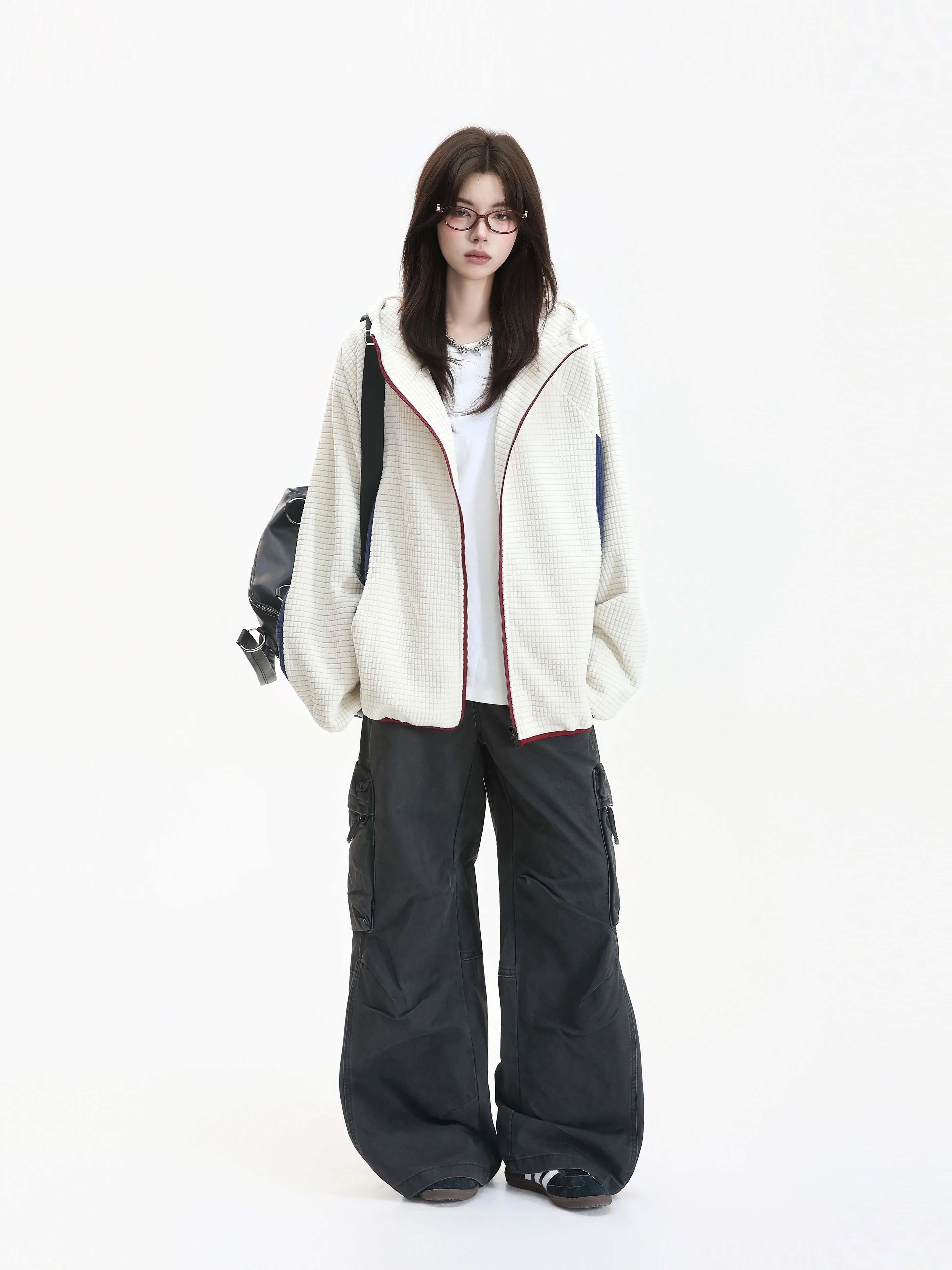 Deconstructive Color Block Hoodie Neutral Style Casual Loose Fit Long Sleeve Polyester Polyurethane Elastic Fiber Youthful De...