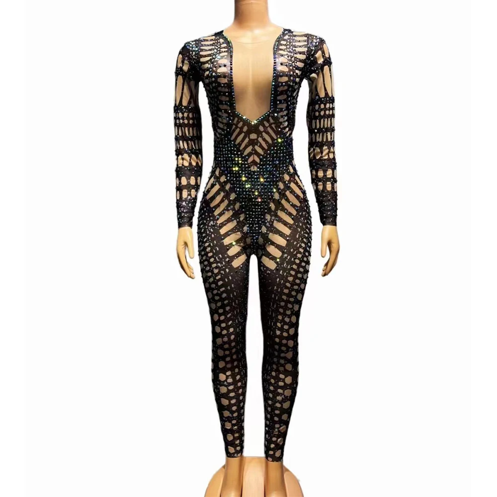 

Sexy Stage Colorful AB Rhinestones Transparent Black Jumpsuit Dance Stretch Leggings Bodysuit Evening Celebrate Party Costume