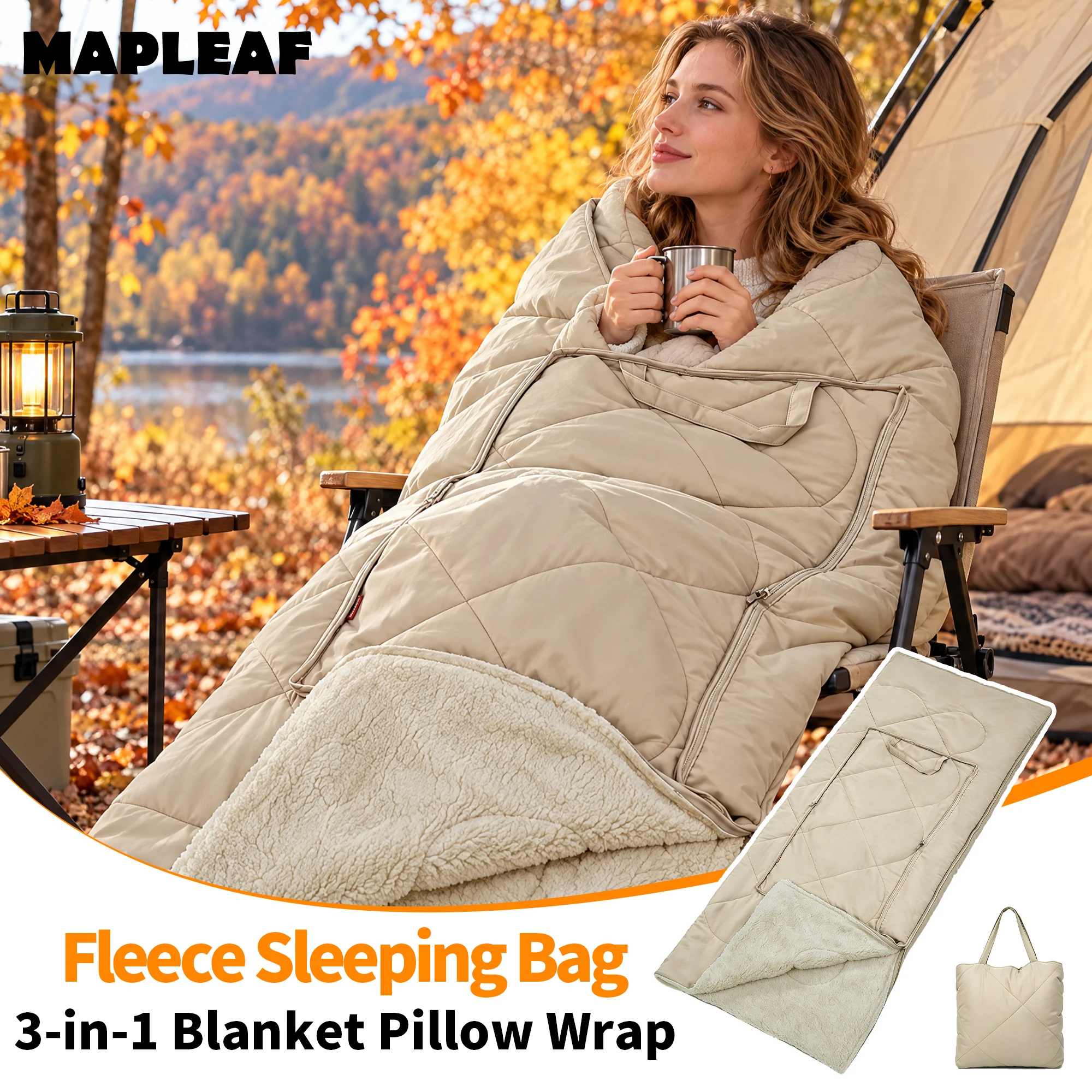 MAPLEAF Fleece Sleeping Bag 3-in-1 Blanket Pillow Wrap Water-Repellent Portable Camp Blanket Breathable Machine Washable Outdoor