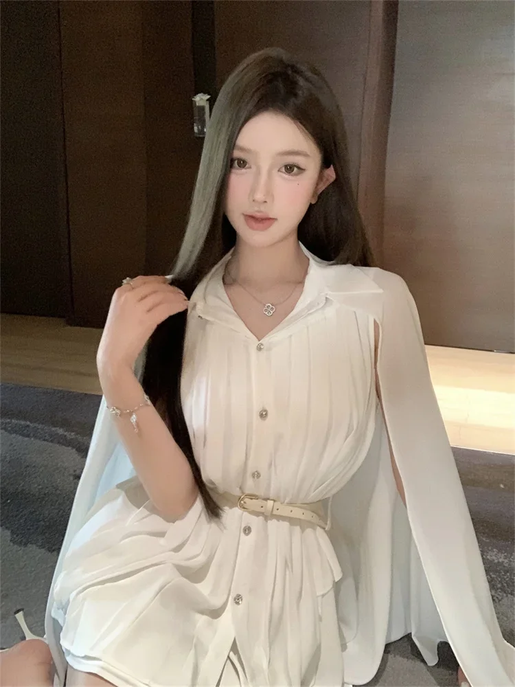 Chic Ladies Chiffon Cape Shirt Sets Women Pleated Blouse and Short Mini Skirt Sets Fashion Shawl Top Skirts Two Piece Outfits