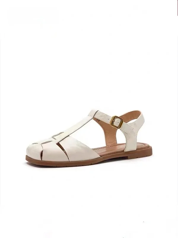 Sandálias Romanas Bata Femininas com Solado Macio e Salto Baixo, Chinelos de Couro Estilo Retrô Fashion, Nova Chegada de Verão, Respirável