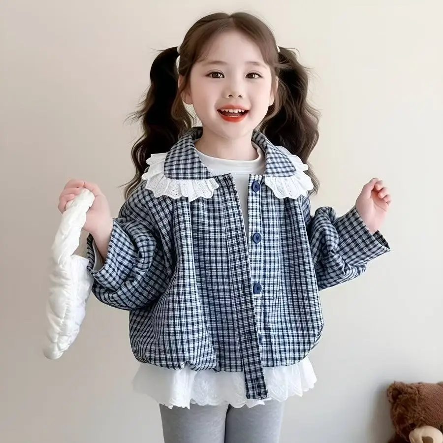 Girl' Spring Autumn Jacket Children's Casual Sweet Lace Trim Coat New Style Kids Baby Peter Pan Collar Fashion Outerwear