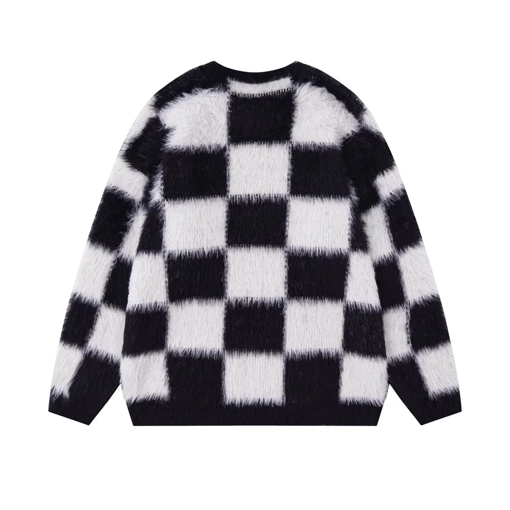 Men Chessboard Plaid Pullover Plush Round Neck Casual Long Sleeved Knitted Street Couple Warm Versatile Sweater Chompa De Hombre