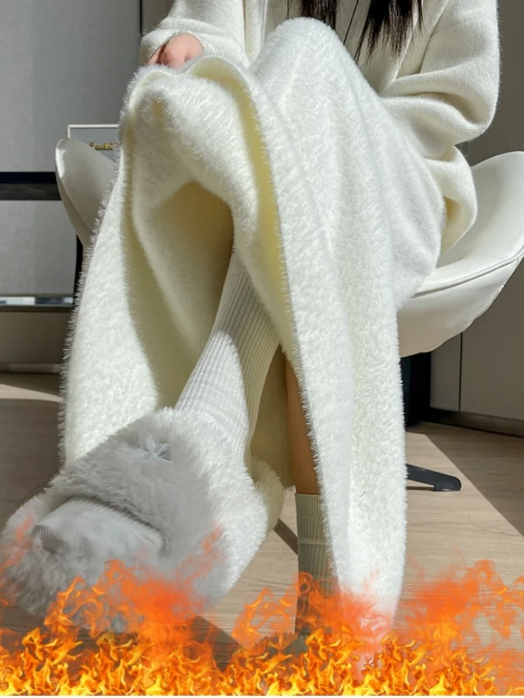 SMTHMA Mink Fur Autumn Winter Women's Knitted Long Skirt White Elegant High Waisted Slim Soft Solid Color Fashionable Skirt