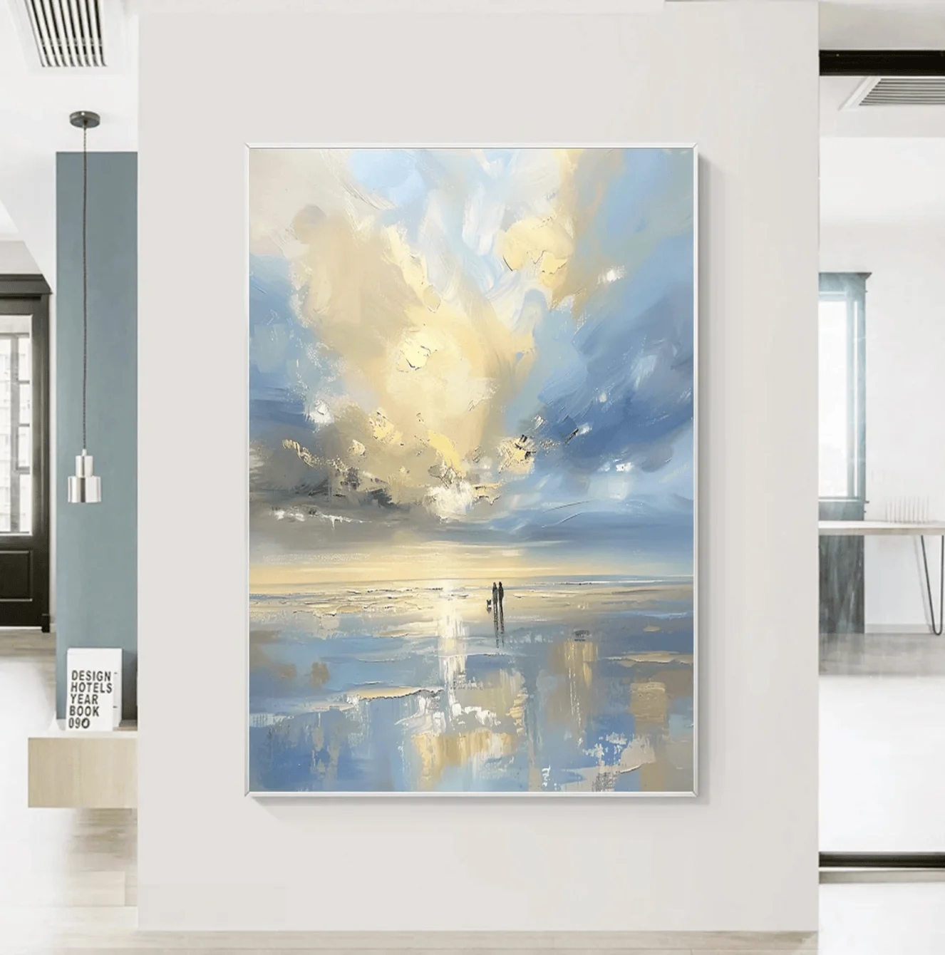 Thick Texture Seaside Couple Oil Painting Wall Art Canvas Prints Posters Decor, Blue Gold Seascape Art for Entryway Decor