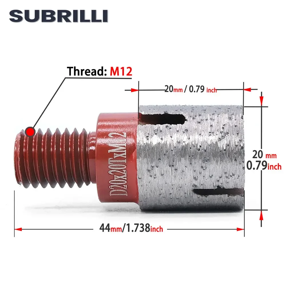 Broca de diamante SUBRILLI, fresa de losa de piedra con tornillo M12, broca de dedo de cuarzo para mármol y granito para máquina CNC de 20mm de